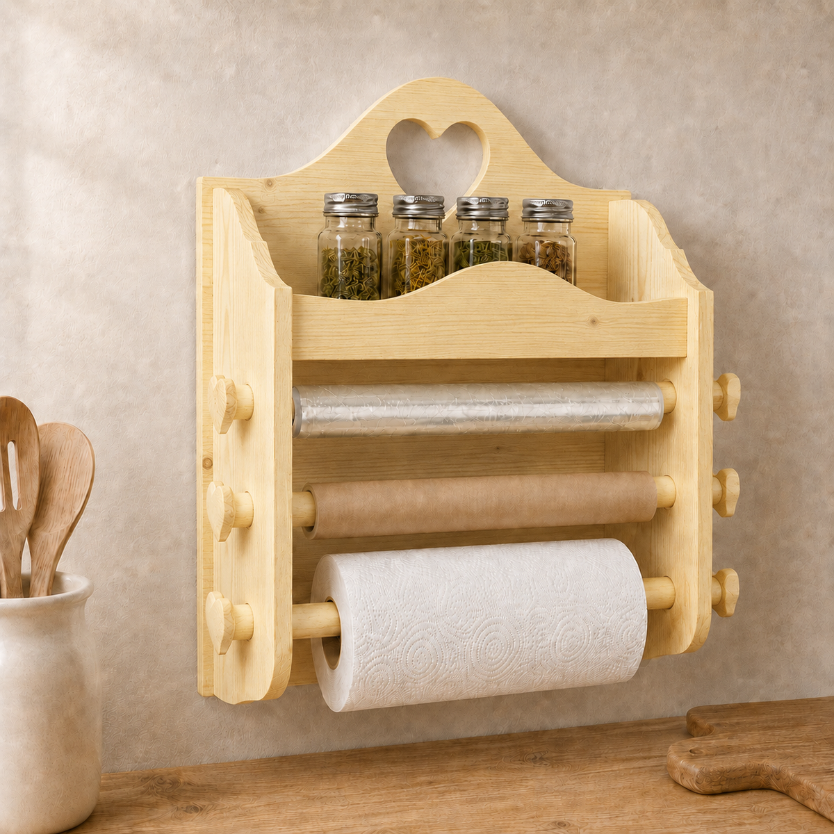 Portarotolo da cucina artigianale in Legno Naturale con portaspezie, pellicola, carta da forno e Scottex