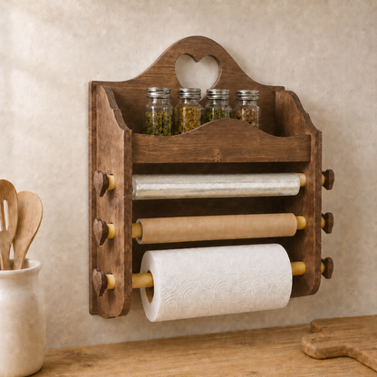 Portarotolo da cucina artigianale Legno color Noce scuro con portaspezie, pellicola, carta da forno e Scottex