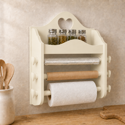 Portarotolo da cucina artigianale Panna con portaspezie, pellicola, carta da forno e Scottex