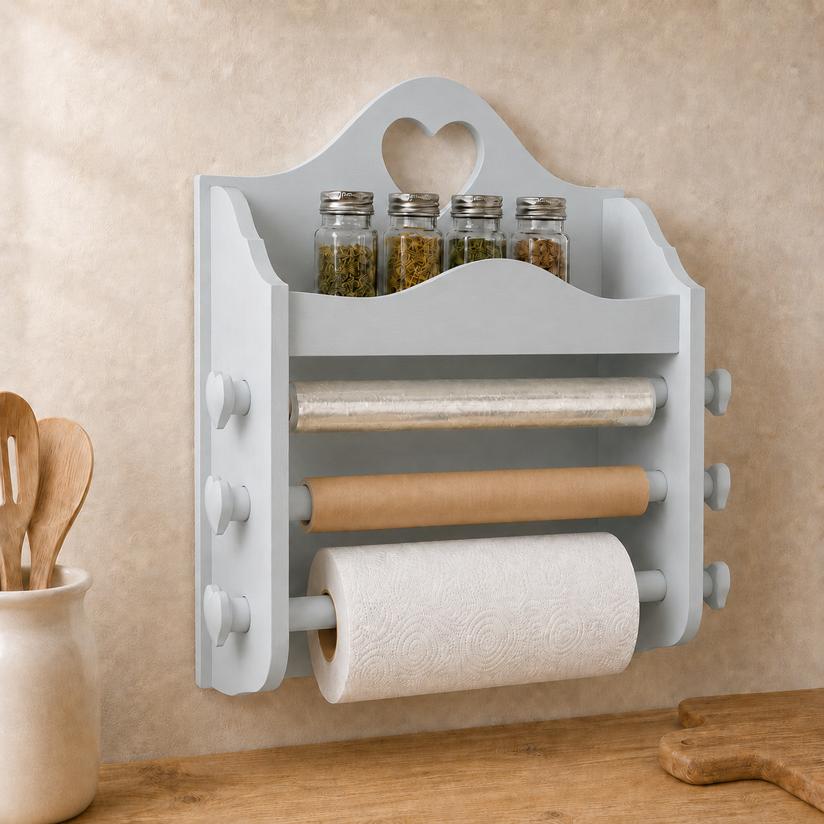 Portarotolo da cucina artigianale Polvere con portaspezie, pellicola, carta da forno e Scottex
