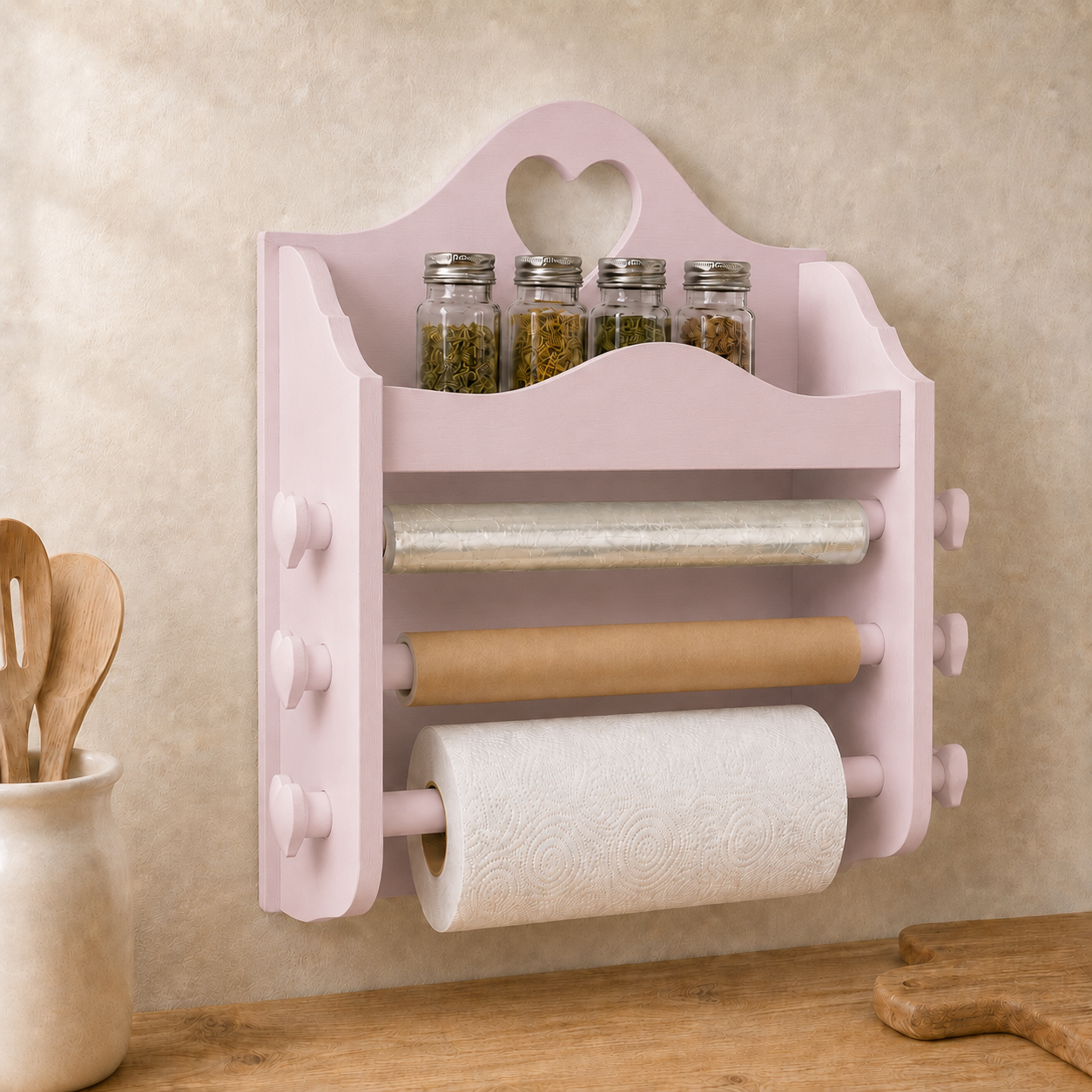 Portarotolo da cucina artigianale Rosa Confetto con portaspezie, pellicola, carta da forno e Scottex