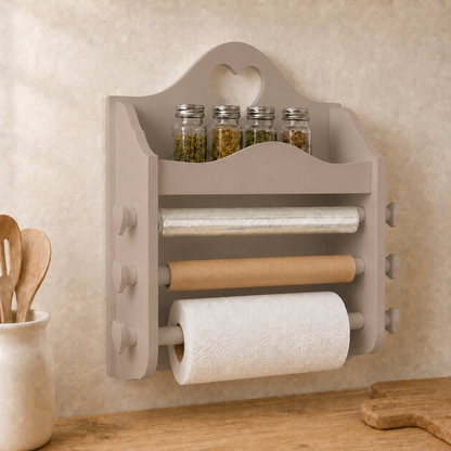 Portarotolo da cucina artigianale Tortora con portaspezie, pellicola, carta da forno e Scottex