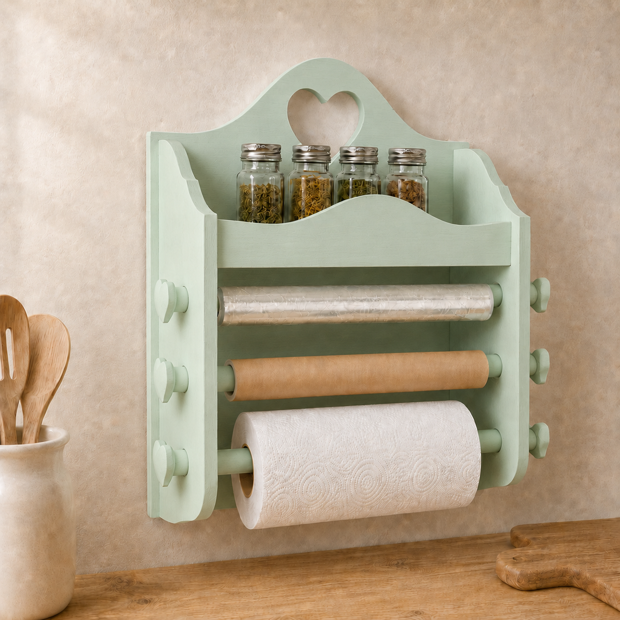 Portarotolo da cucina artigianale Verde Vintage con portaspezie, pellicola, carta da forno e Scottex