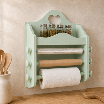 Portarotolo da cucina artigianale Verde Vintage con portaspezie, pellicola, carta da forno e Scottex