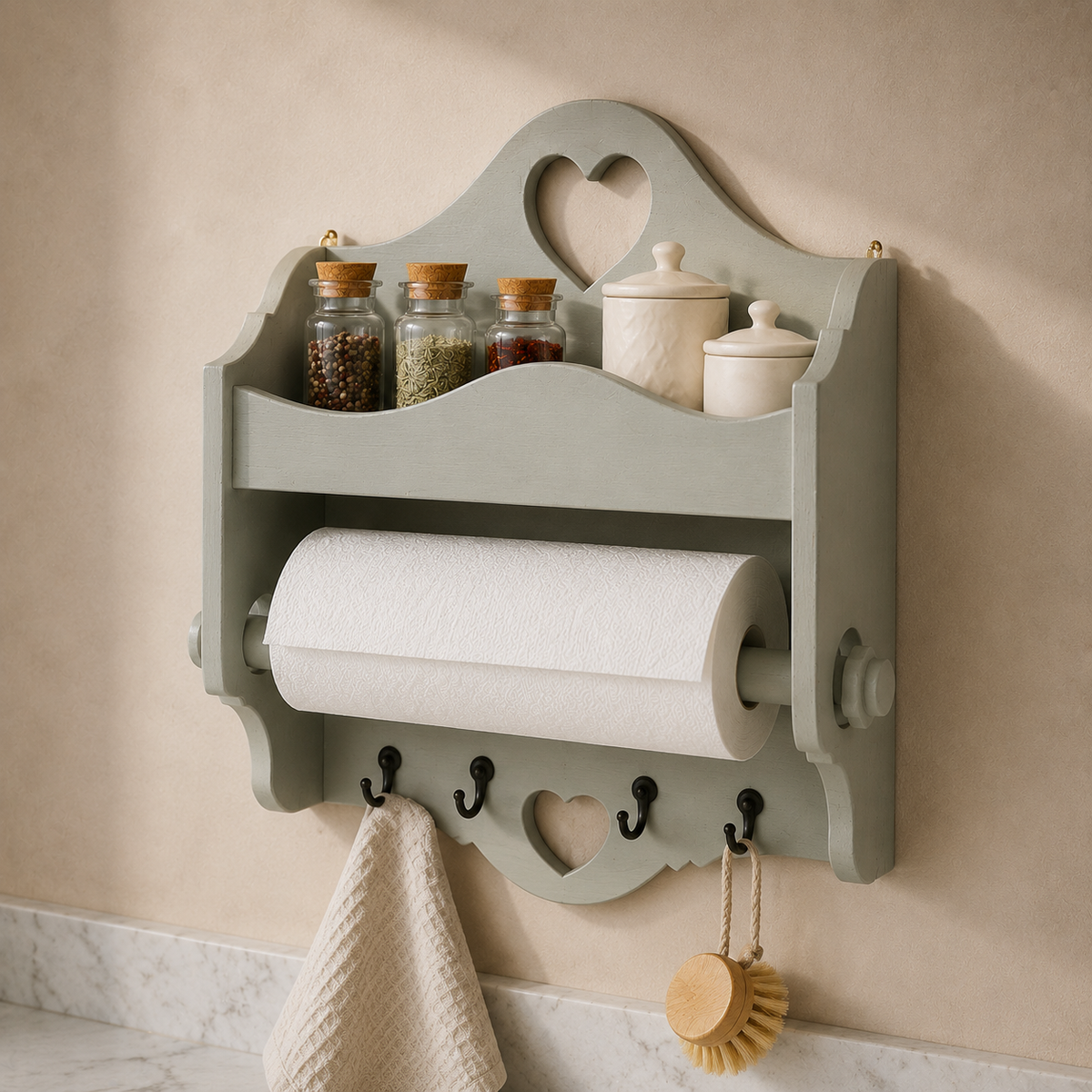 Portarotolo e portaspezie artigianale Domeahome con ganci colore Argilla ambientato in cucina
