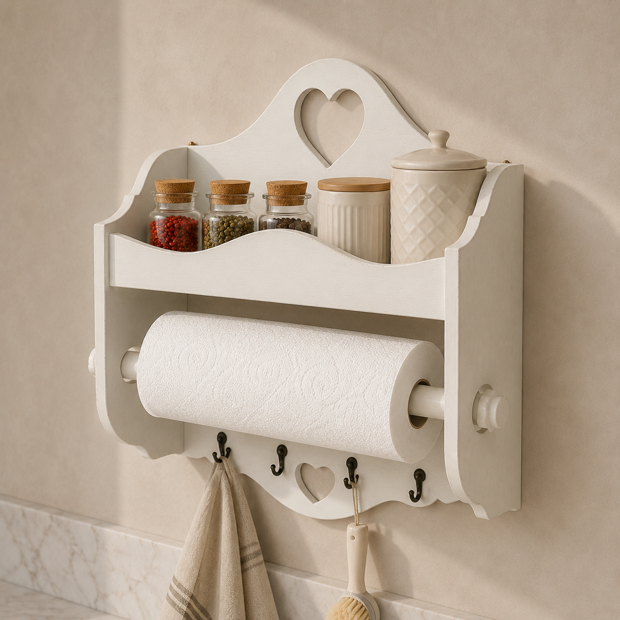 Portarotolo e portaspezie artigianale Domeahome con ganci colore Bianco Antico ambientato in cucina
