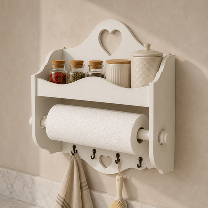 Portarotolo e portaspezie artigianale Domeahome con ganci colore Bianco Antico ambientato in cucina