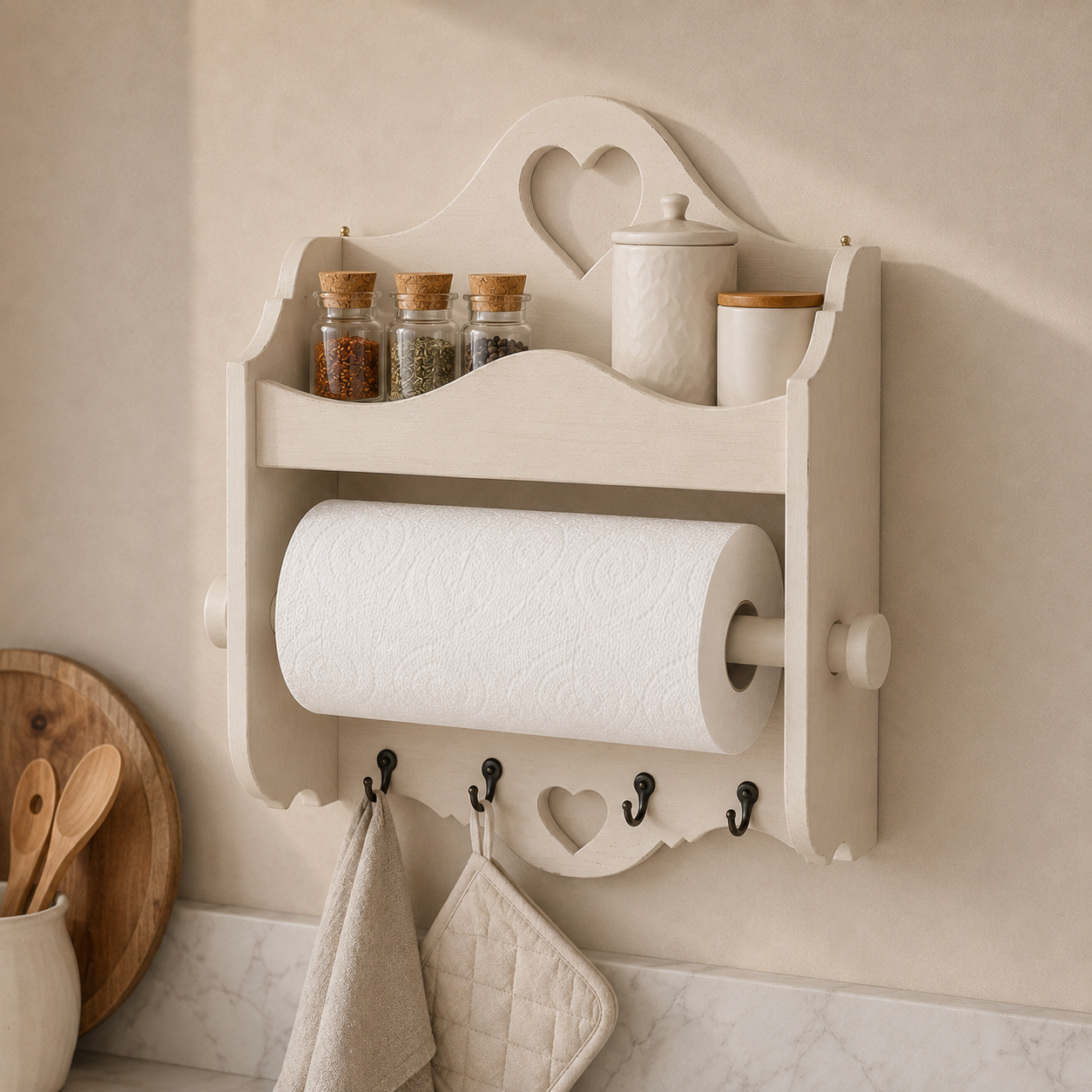 Portarotolo e portaspezie artigianale Domeahome con ganci colore Cashmere ambientato in cucina