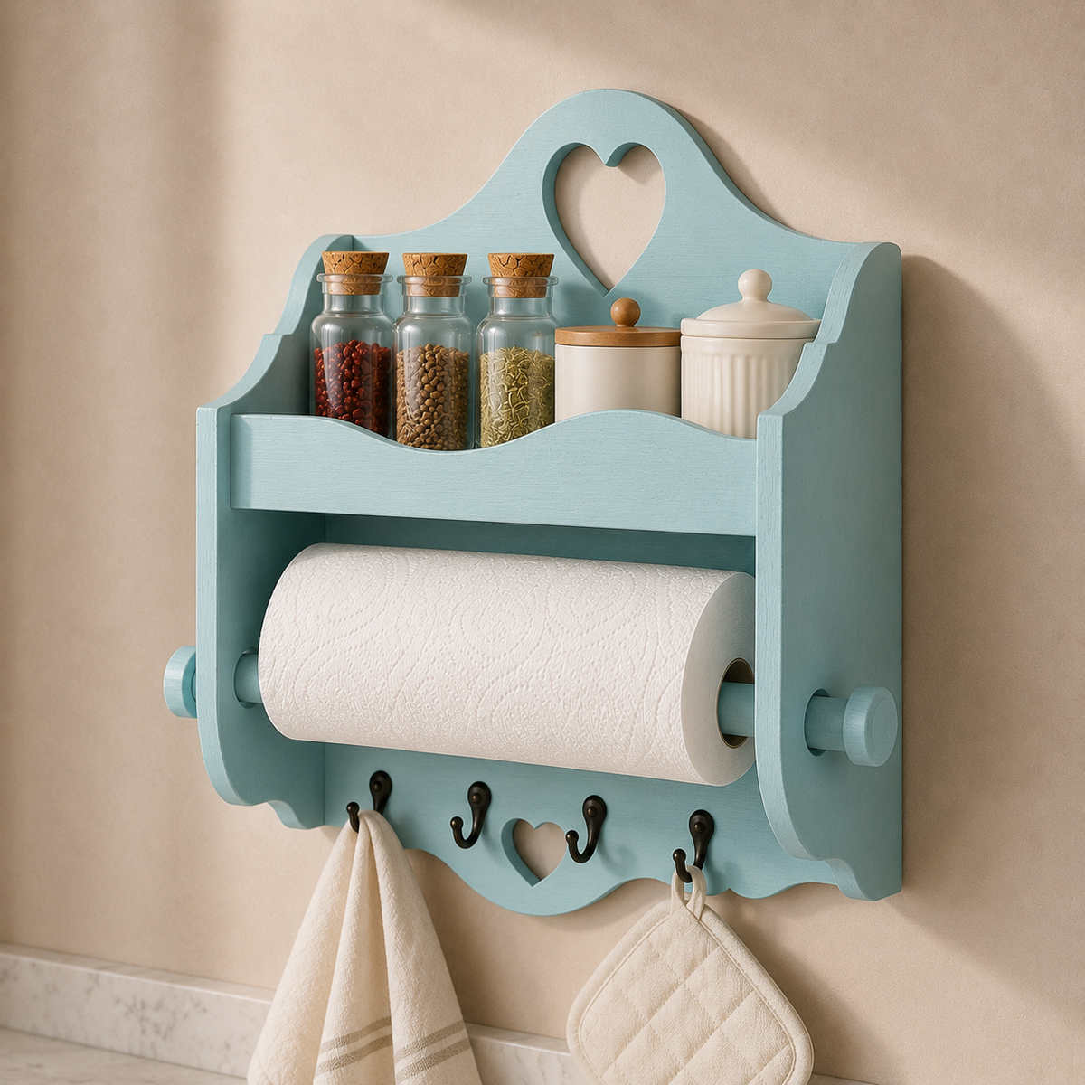 Portarotolo e portaspezie artigianale Domeahome con ganci colore Celeste ambientato in cucina