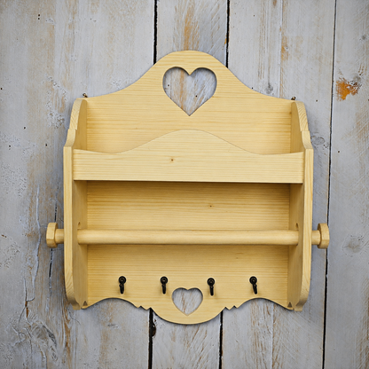 Portarotolo e portaspezie artigianale Domeahome con ganci in legno naturale - vista frontale