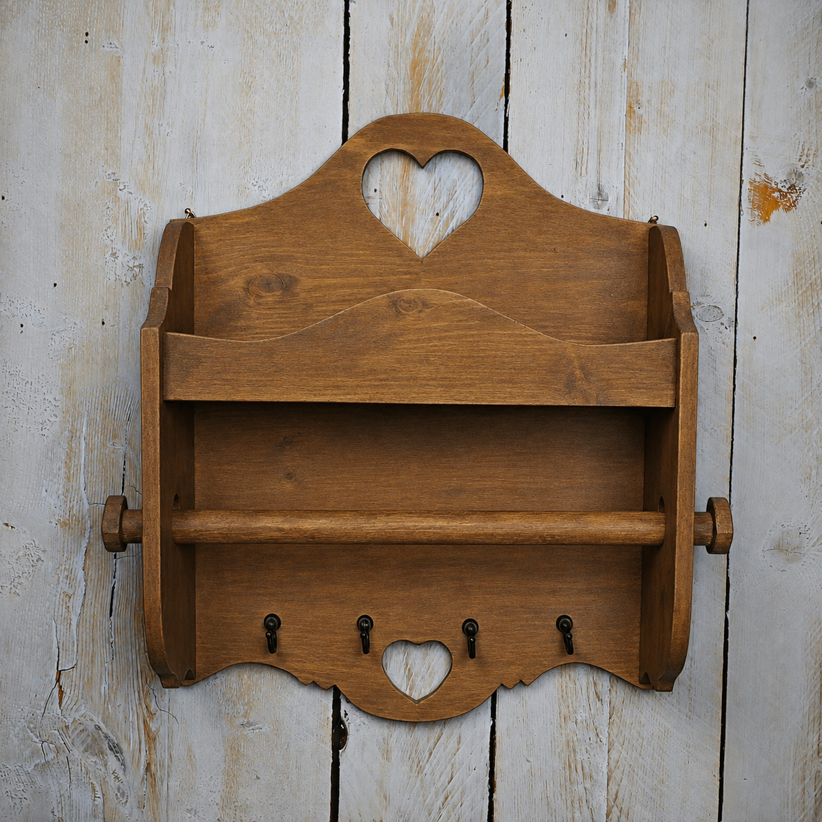 Portarotolo e portaspezie artigianale Domeahome con ganci in legno color noce scuro - vista frontale
