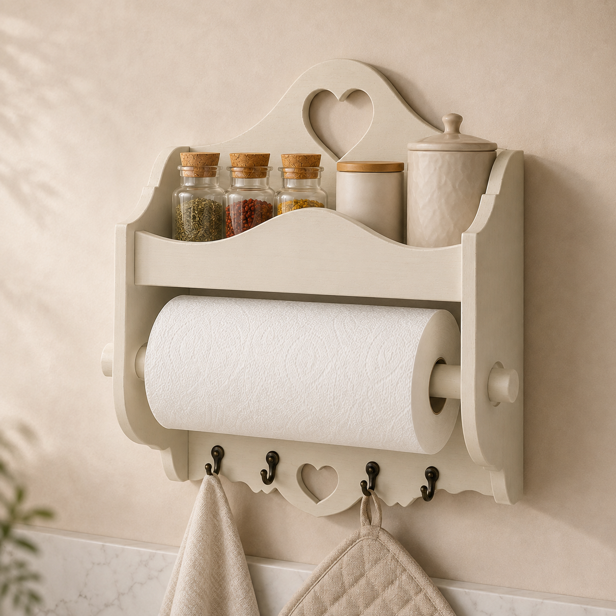 Portarotolo e portaspezie artigianale Domeahome con ganci colore Panna ambientato in cucina