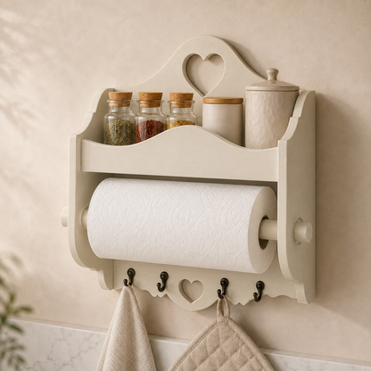 Portarotolo e portaspezie artigianale Domeahome con ganci colore Panna ambientato in cucina