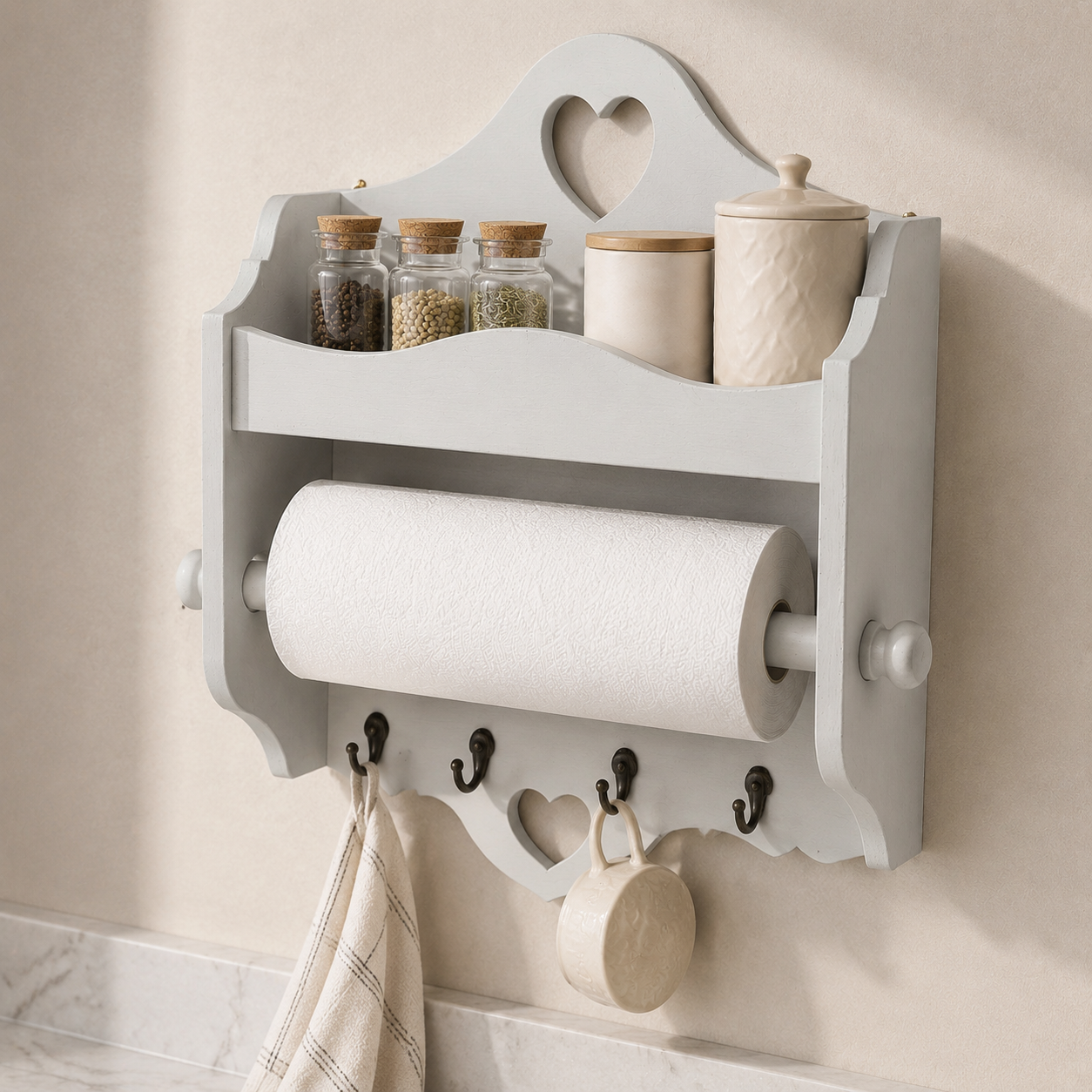 Portarotolo e portaspezie artigianale Domeahome con ganci colore Polvere ambientato in cucina