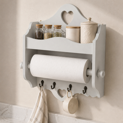 Portarotolo e portaspezie artigianale Domeahome con ganci colore Polvere ambientato in cucina