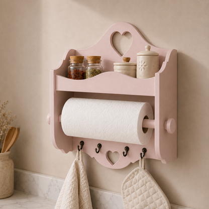 Portarotolo e portaspezie artigianale Domeahome con ganci colore Rosa Antico ambientato in cucina