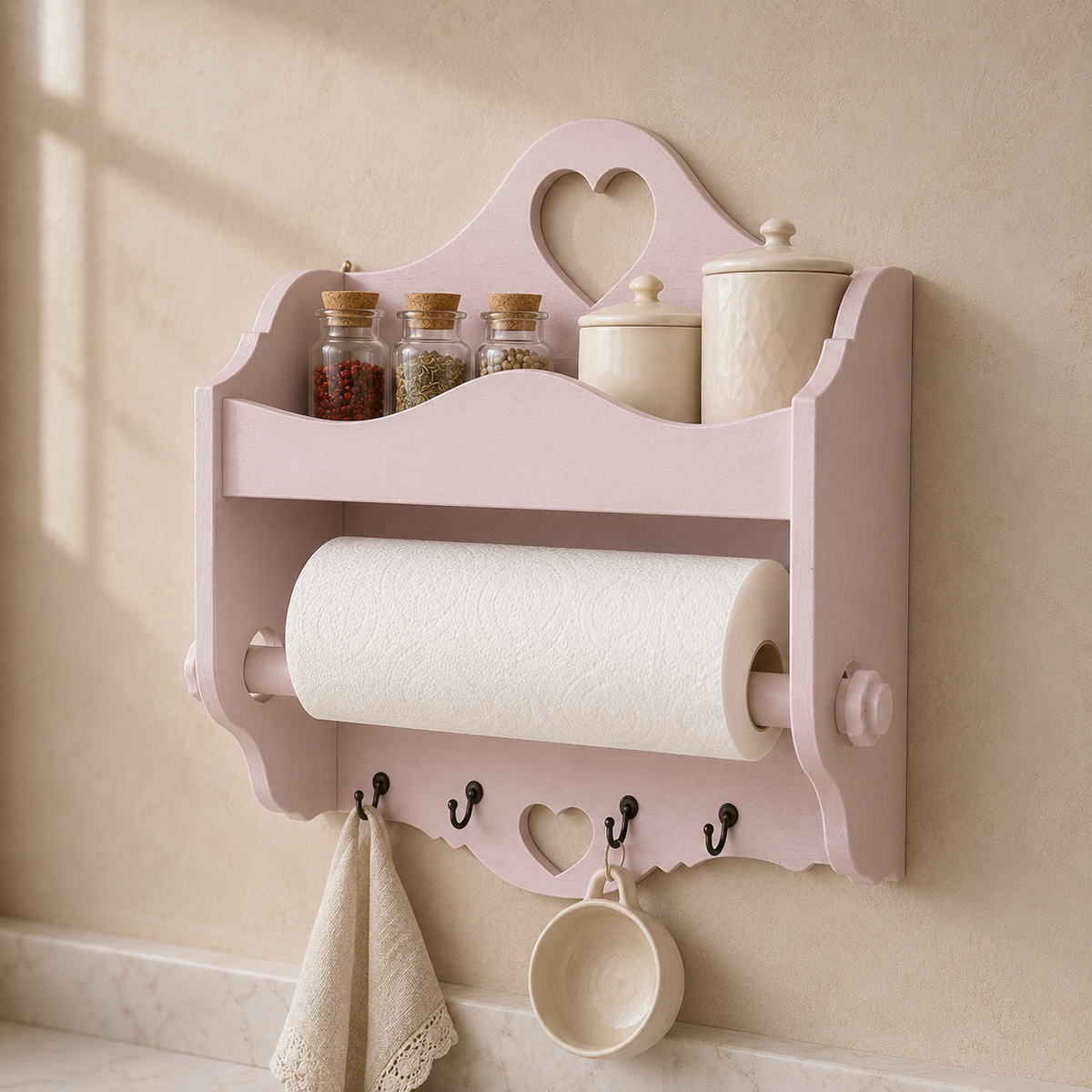Portarotolo e portaspezie artigianale Domeahome con ganci colore Rosa Confetto ambientato in cucina