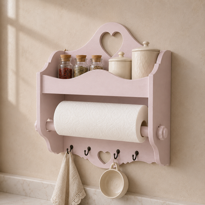 Portarotolo e portaspezie artigianale Domeahome con ganci colore Rosa Confetto ambientato in cucina