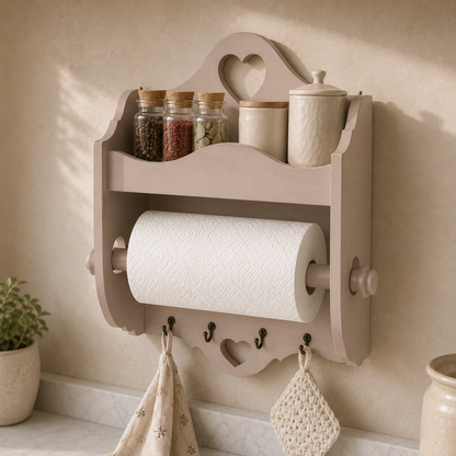 Portarotolo e portaspezie artigianale Domeahome con ganci colore Tortora ambientato in cucina