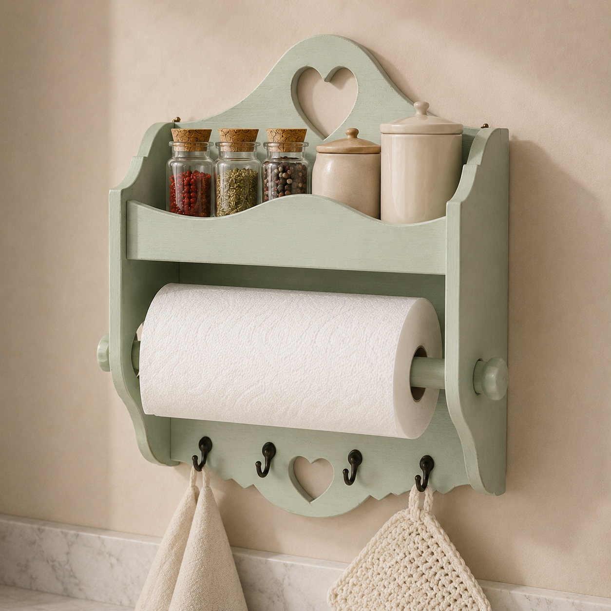 Portarotolo e portaspezie artigianale Domeahome con ganci colore Verde Vintage ambientato in cucina