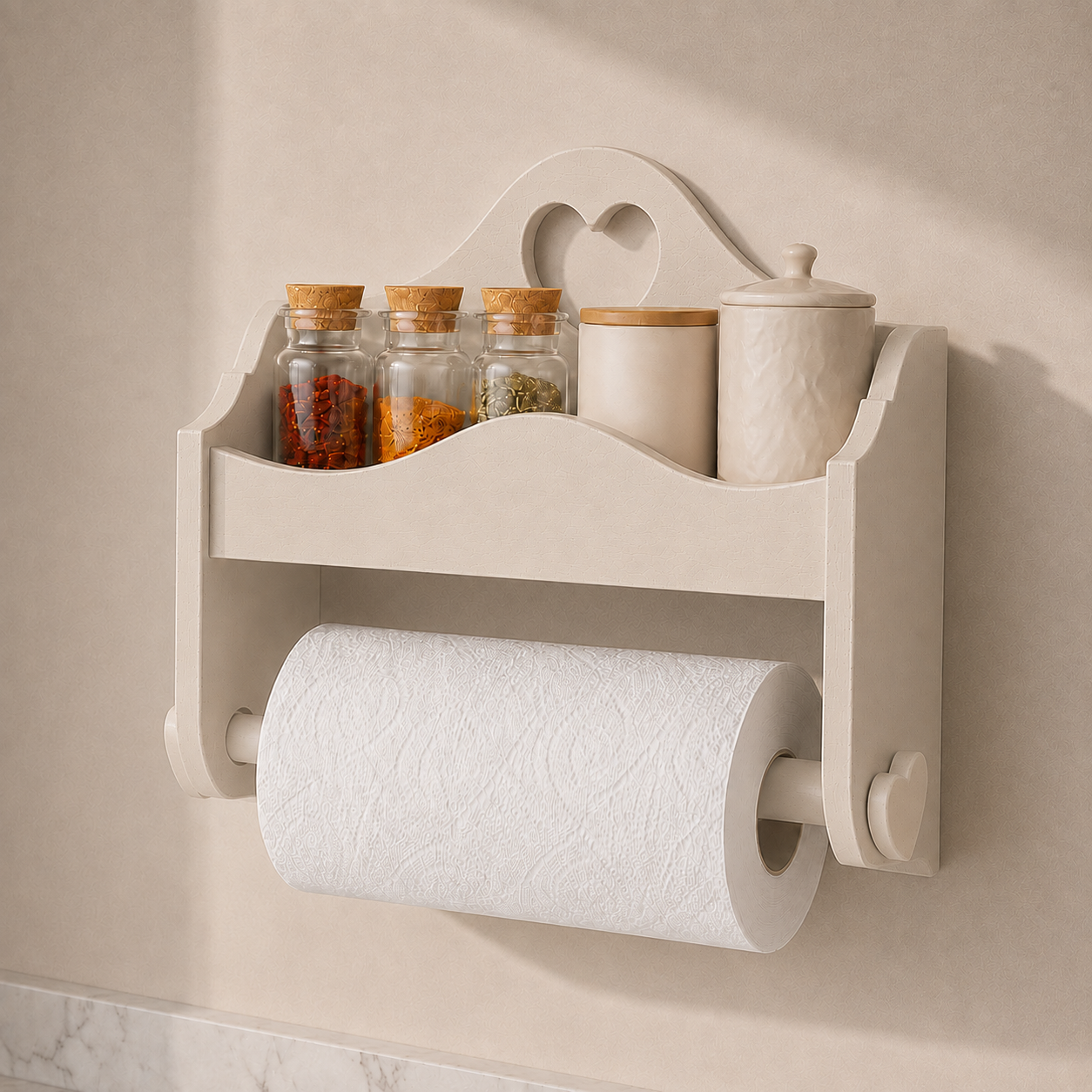 Portarotolo e portaspezie artigianale Domeahome senza ganci colore Cashmere con pomello a cuore