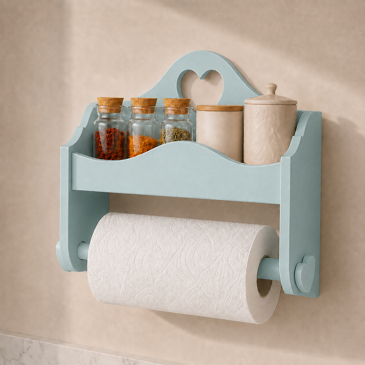 Portarotolo e portaspezie artigianale Domeahome senza ganci colore Celeste con pomello a cuore