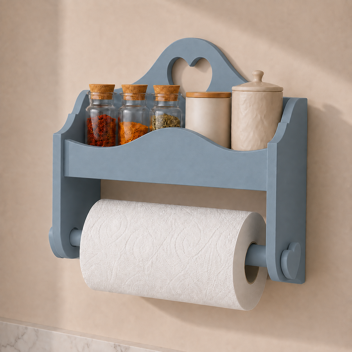 Portarotolo e portaspezie artigianale Domeahome senza ganci Grigio Azzurro ambientato in cucina