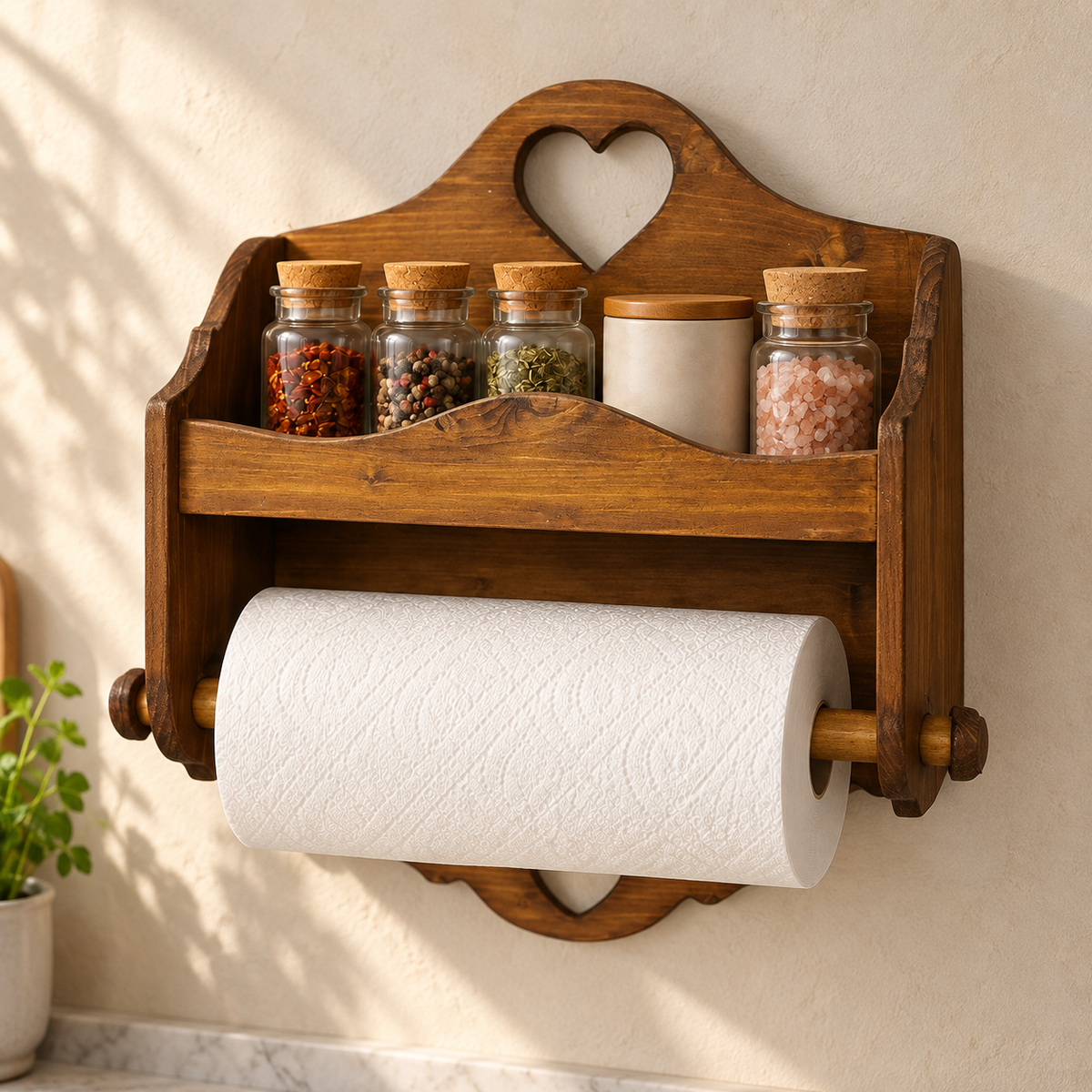 Portarotolo e portaspezie artigianale Domeahome senza ganci Legno color Noce scuro ambientato in cucina