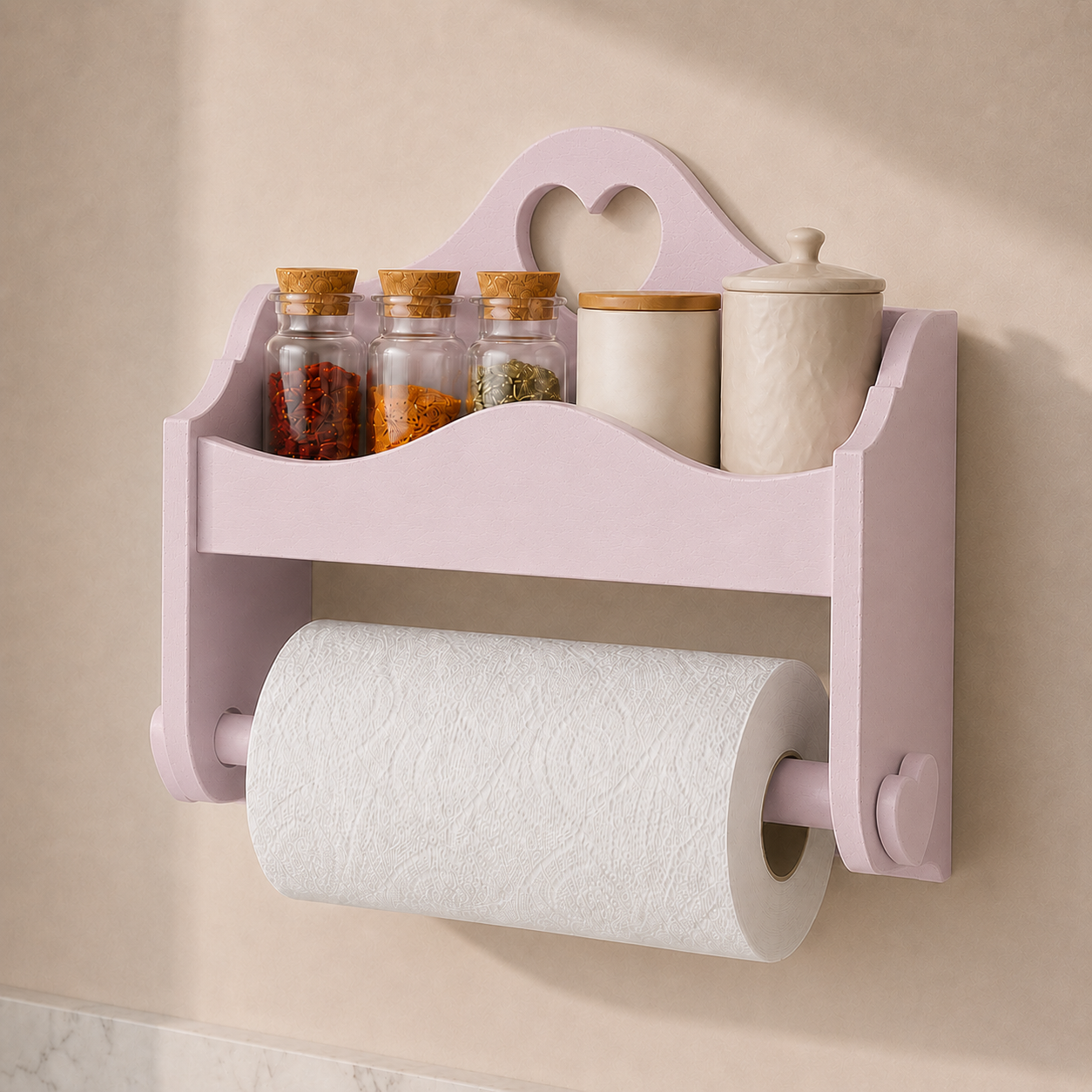 Portarotolo e portaspezie artigianale Domeahome senza ganci colore Rosa Confetto con pomello a cuore