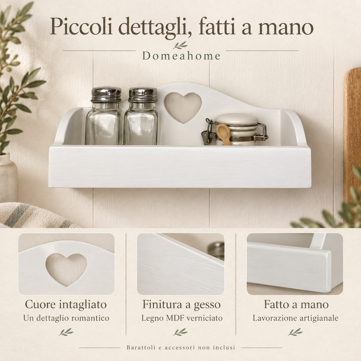 Portaspezie Domeahome: cuore intagliato, finitura a gesso e lavorazione artigianale