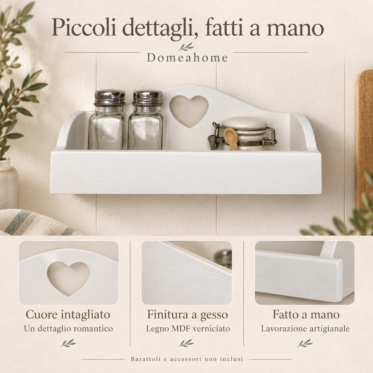 Portaspezie Domeahome: cuore intagliato, finitura a gesso e lavorazione artigianale