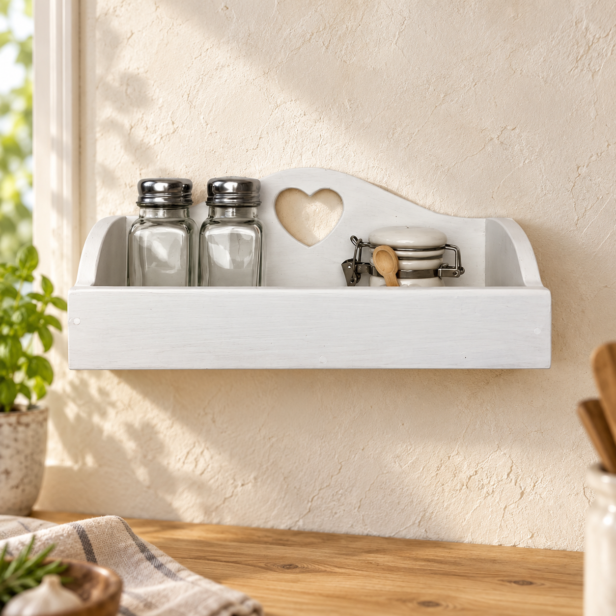Mensolina portaspezie piccola bianca con cuore in cucina shabby chic