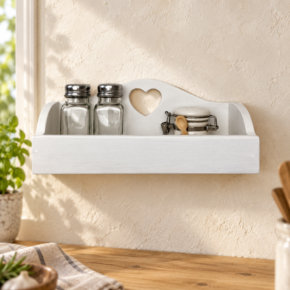 Mensolina portaspezie piccola bianca con cuore in cucina shabby chic