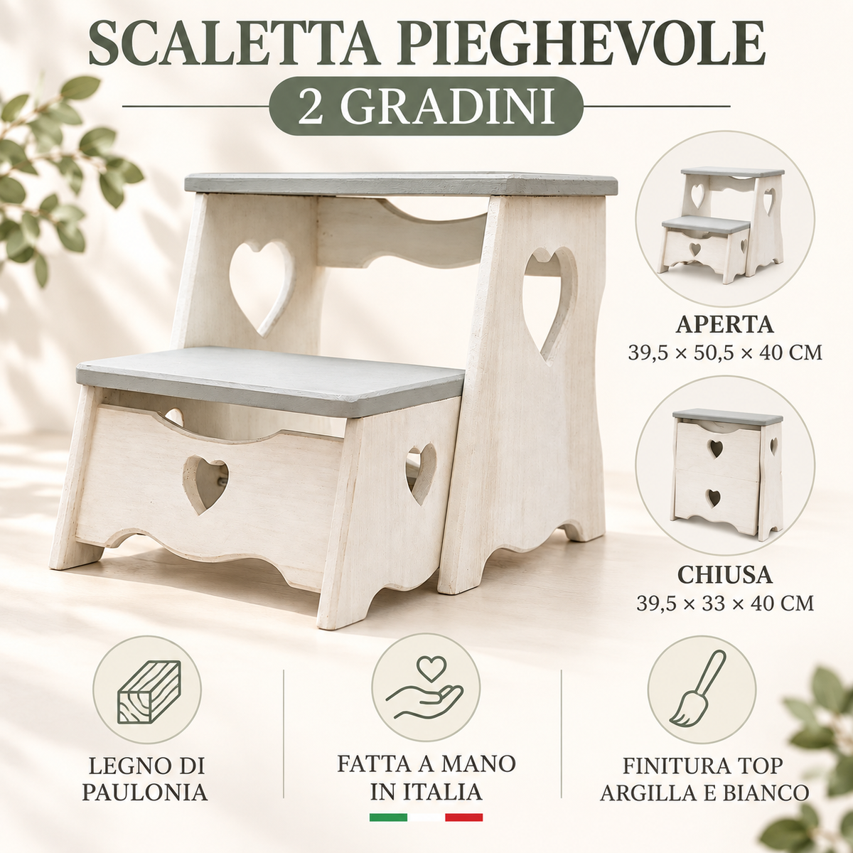Infografica scaletta pieghevole Domeahome top argilla e bianco