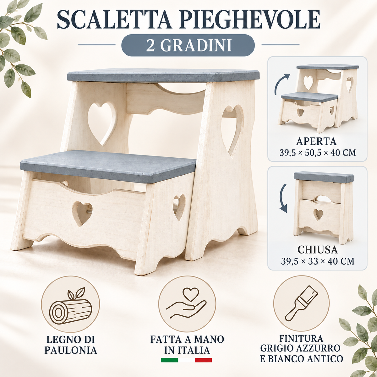 Infografica scaletta pieghevole Domeahome grigio azzurro e bianco antico