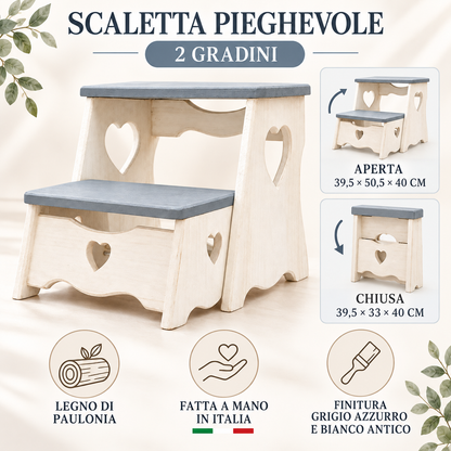 Infografica scaletta pieghevole Domeahome grigio azzurro e bianco antico