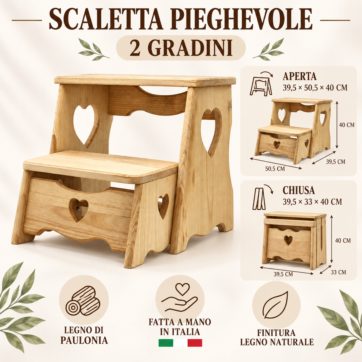 Infografica scaletta pieghevole Domeahome legno naturale