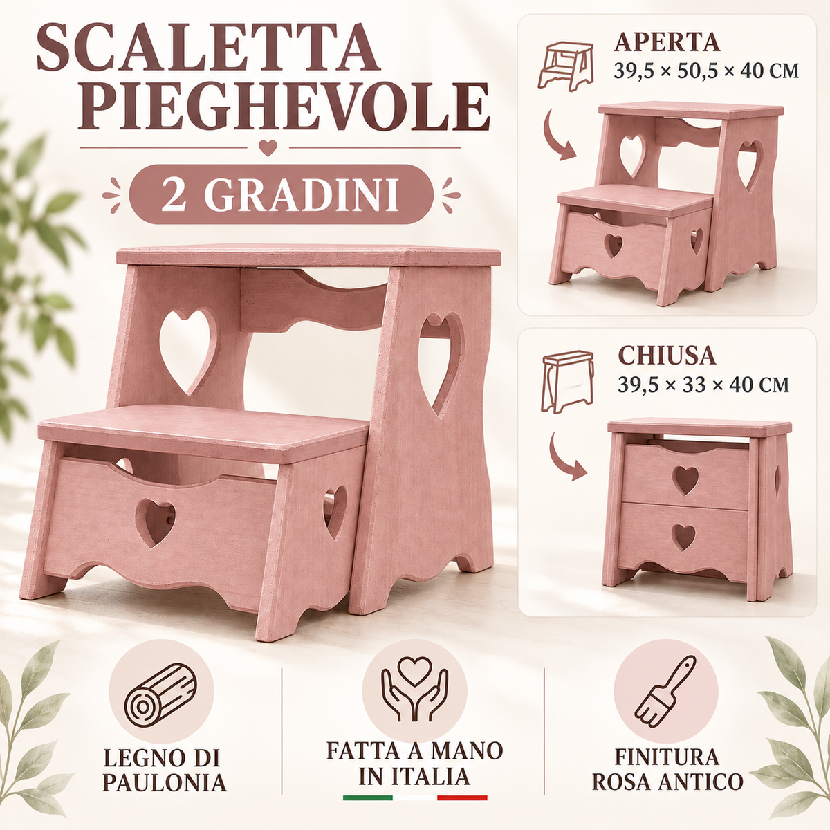 Infografica scaletta pieghevole Domeahome rosa antico