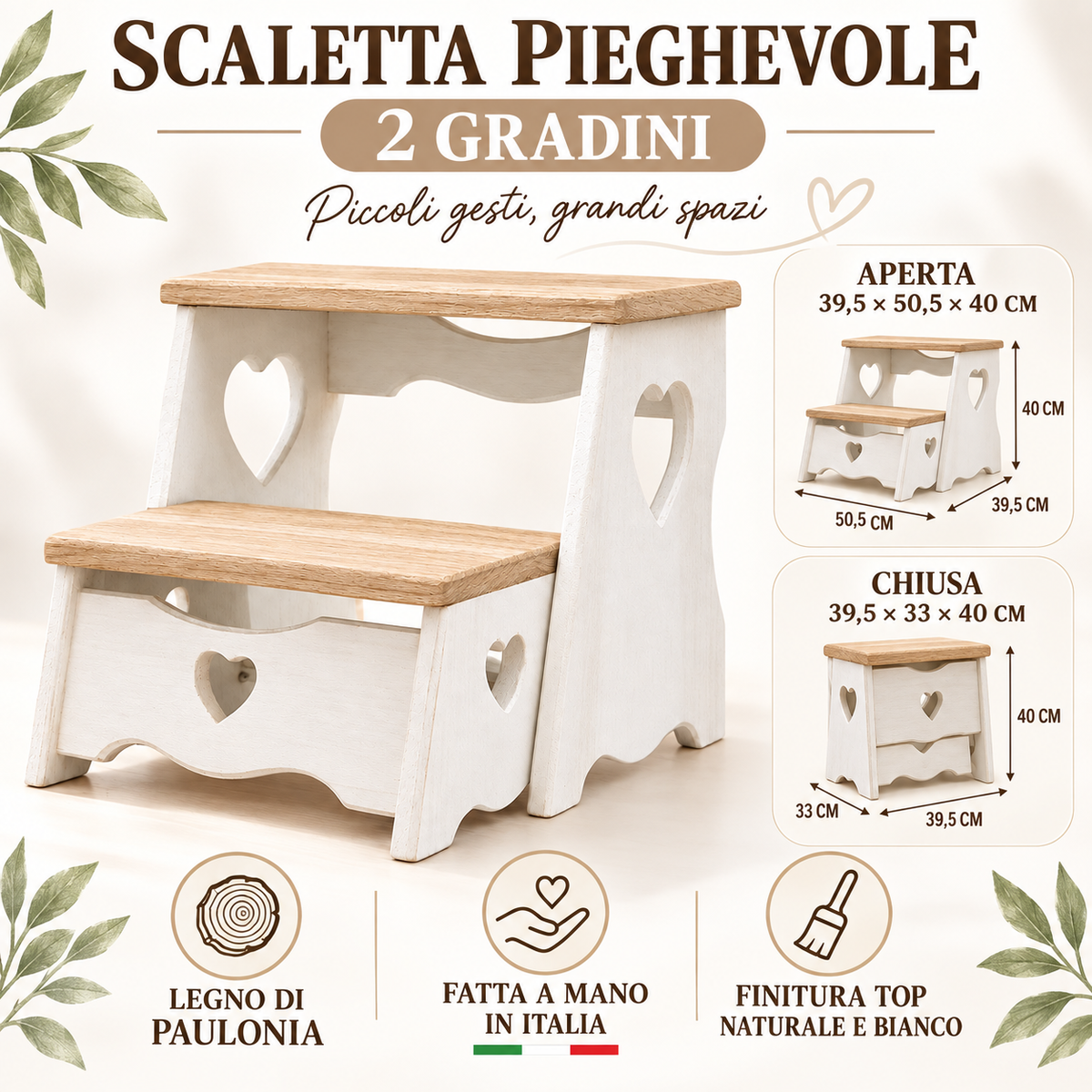 Infografica scaletta pieghevole Domeahome top naturale e bianco