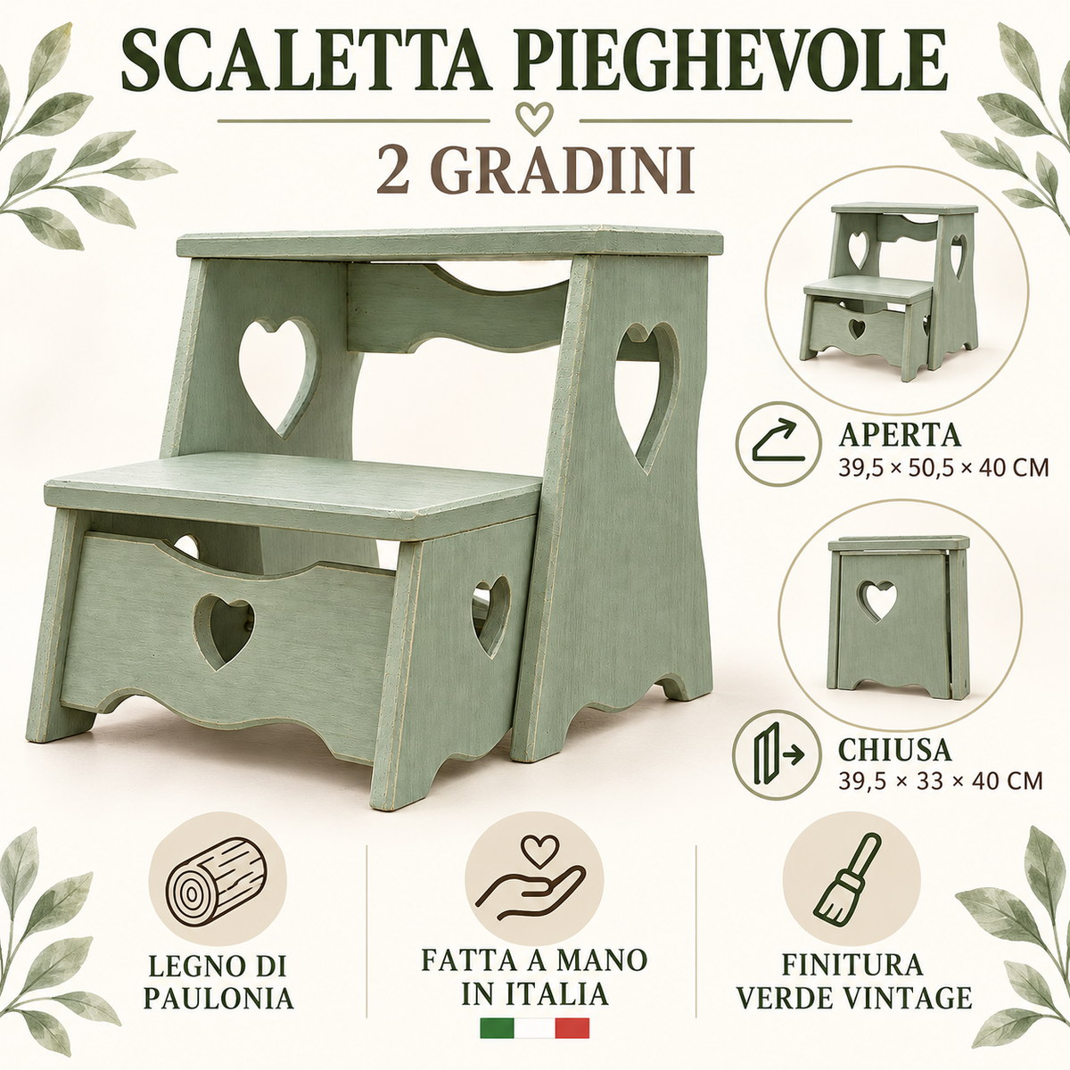 Infografica scaletta pieghevole Domeahome verde vintage