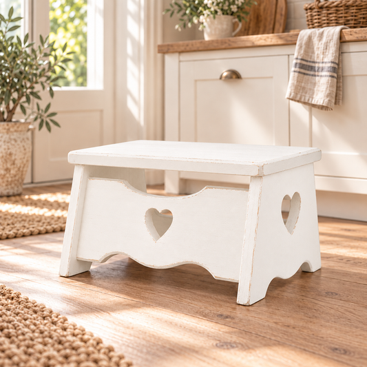 Sgabello shabby artigianale con cuore color Bianco ambientato