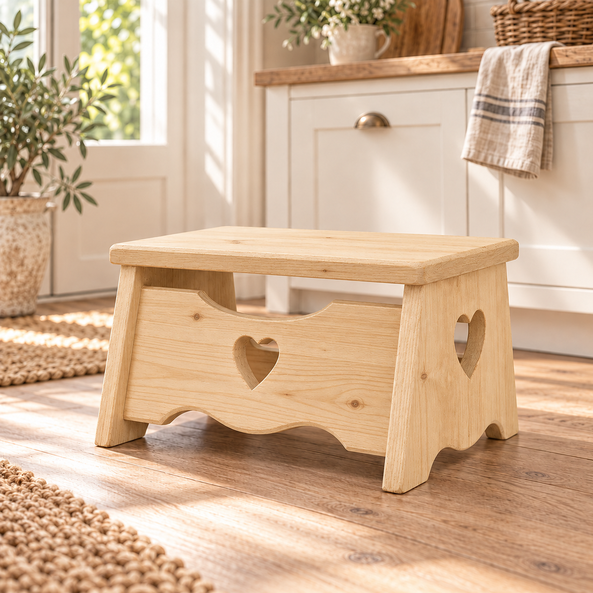 Sgabello shabby artigianale con cuore in Legno Naturale ambientato