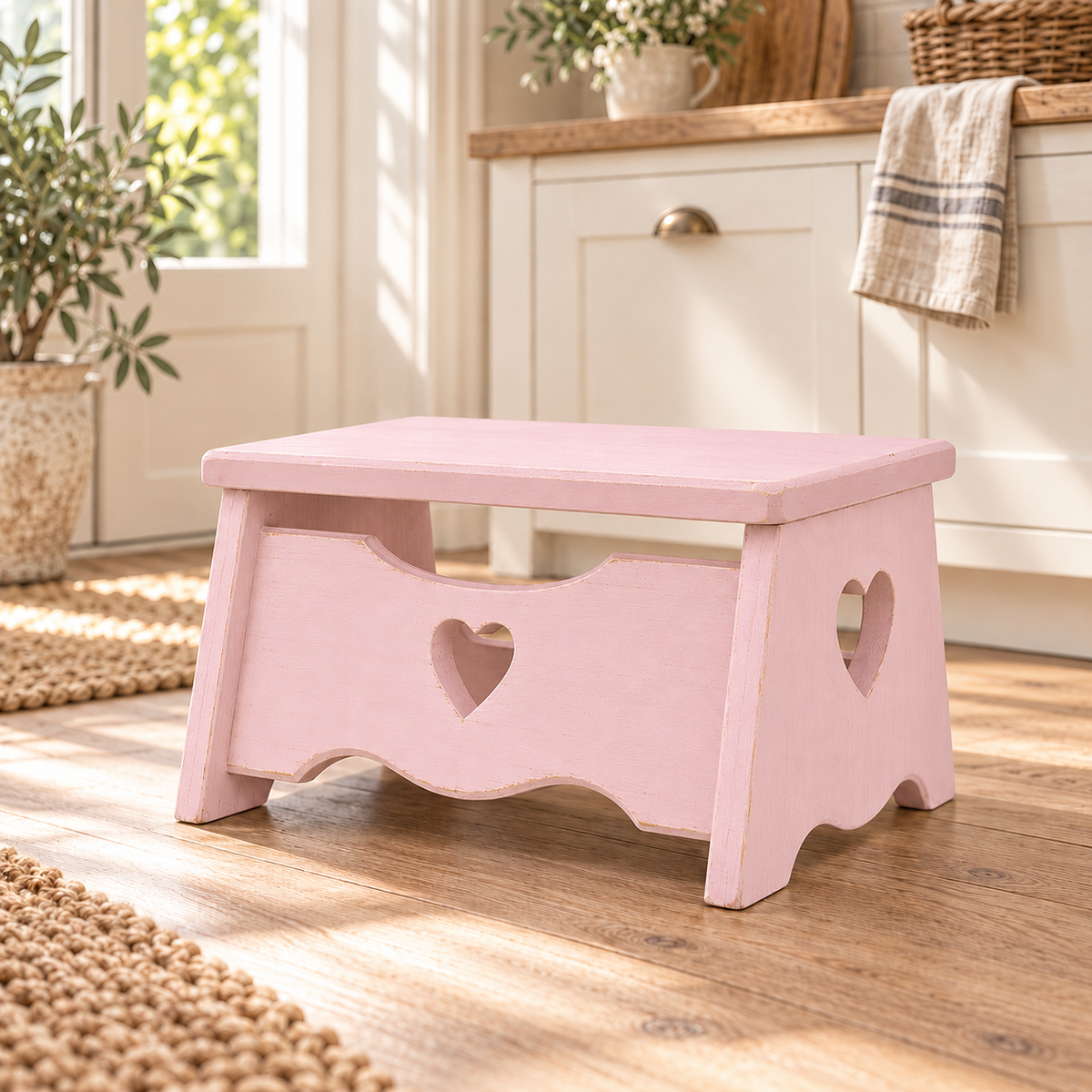 Sgabello shabby artigianale con cuore color Rosa Confetto ambientato