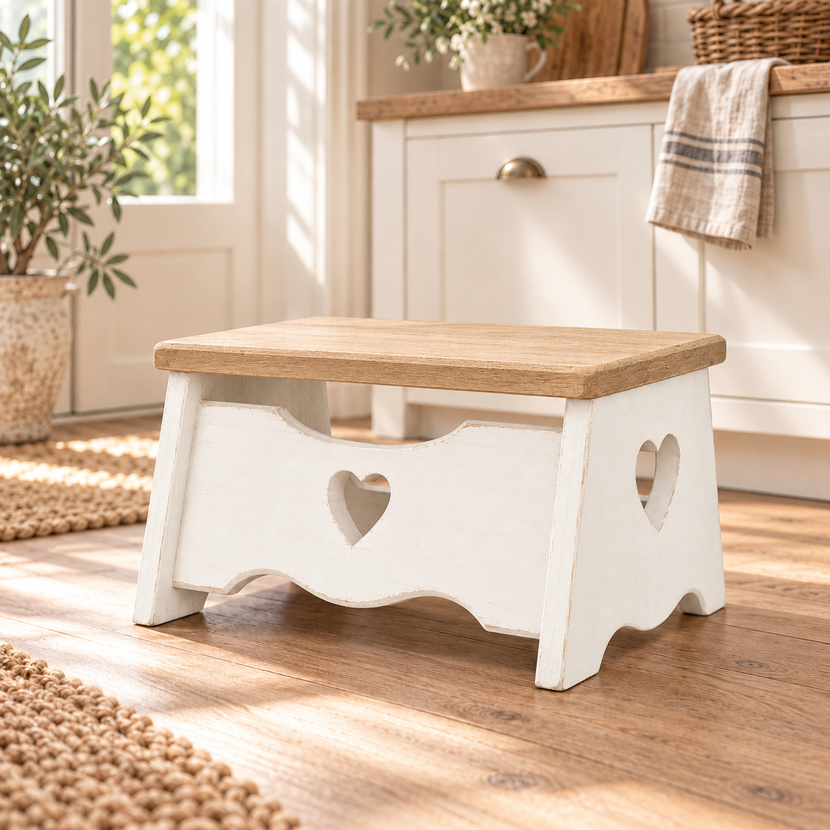 Sgabello shabby artigianale con cuore Top Naturale e Bianco ambientato