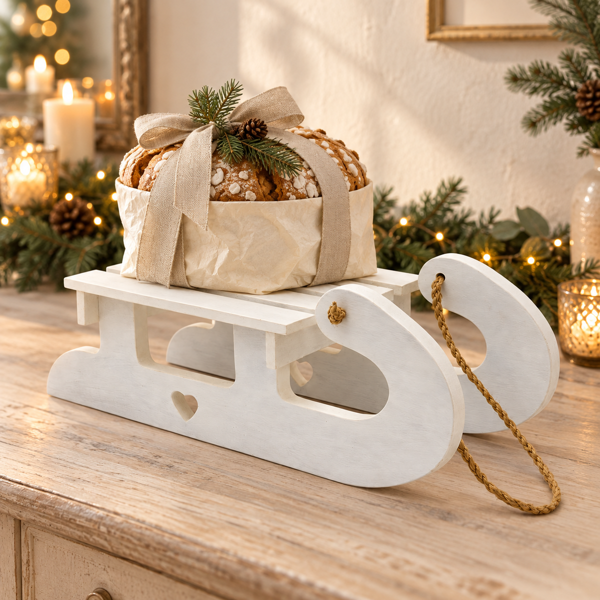 Slitta di Natale in legno utilizzata come porta panettone