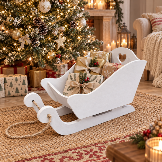 Slitta porta regali di Babbo Natale bianca ambientata