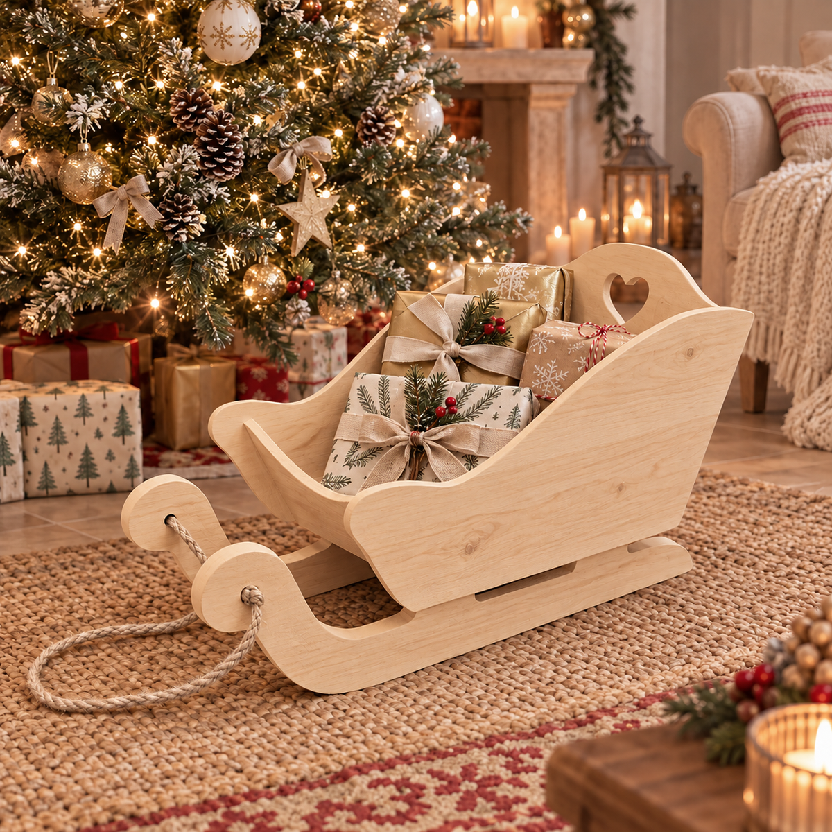 Slitta porta regali di Babbo Natale in legno naturale ambientata