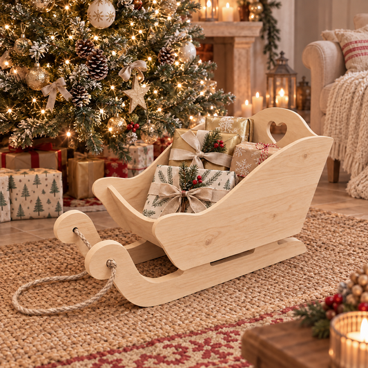Slitta porta regali di Babbo Natale in legno naturale ambientata