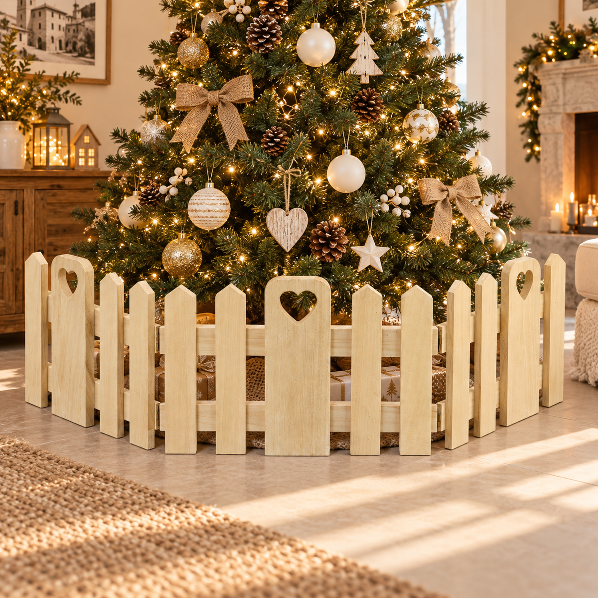 Staccionata in legno naturale per albero di Natale, set da 3 pannelli in ambientazione