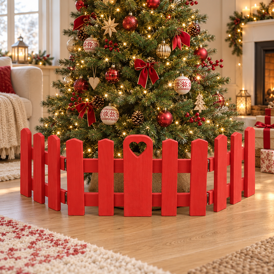 Staccionata rossa in legno per albero di Natale, set da 3 pannelli in ambientazione